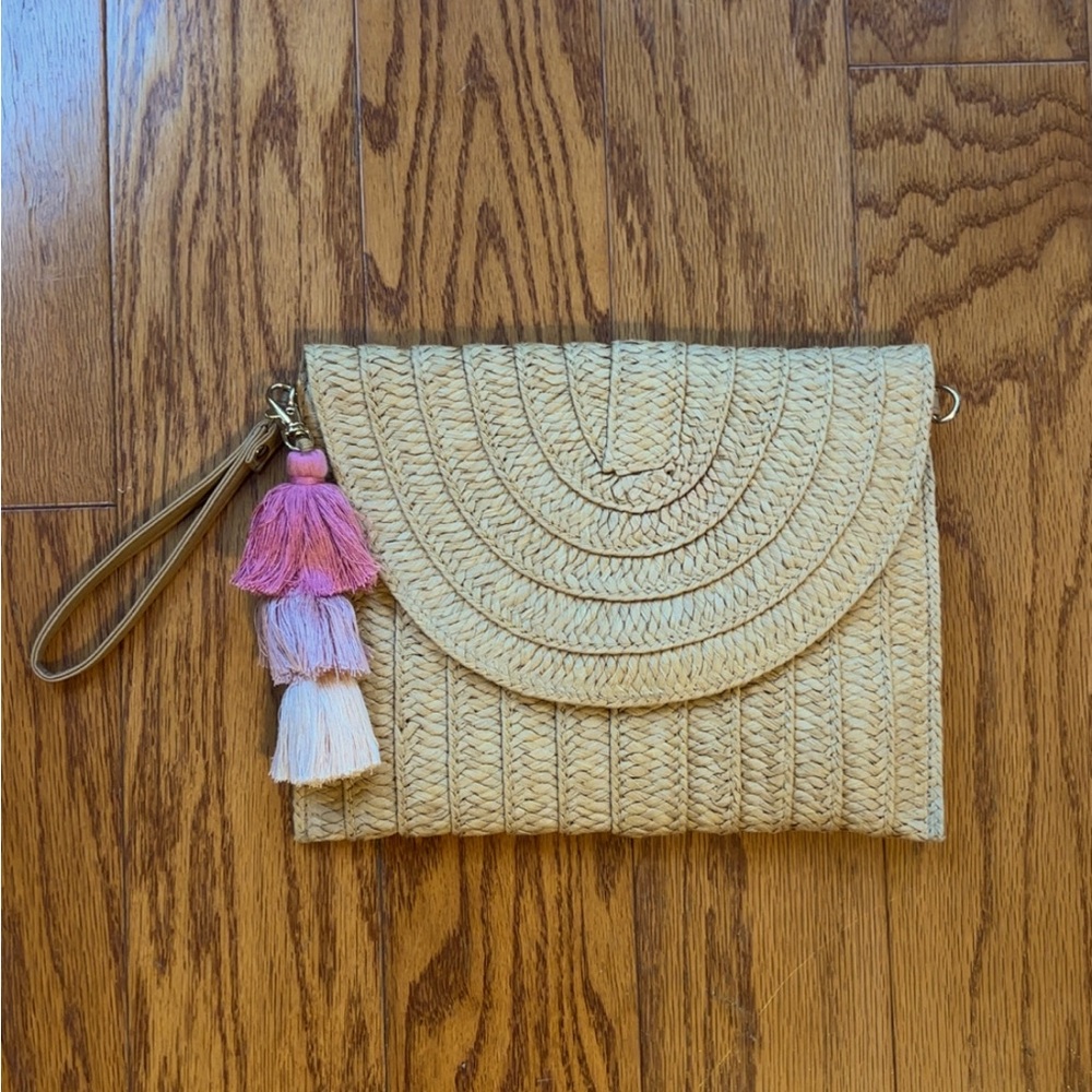 Woven Tan Clutch with Tassels